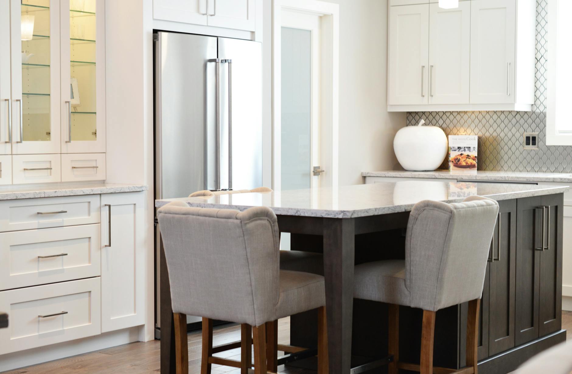 rectangular white marble top table with wooden base