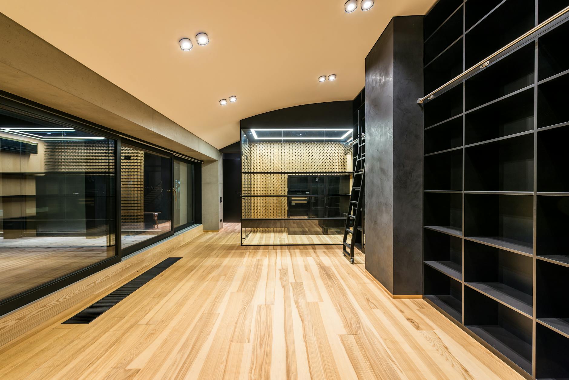 cellar interior with shelves against mirrors in house